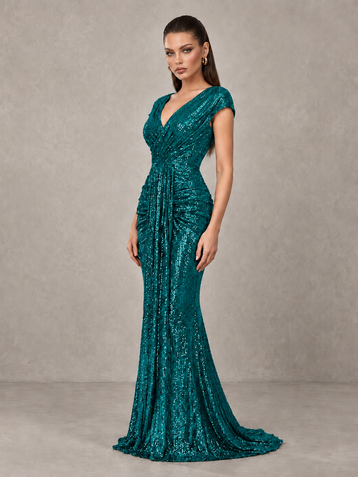 BOLODOO Teal Glitter V-Neck Cap Sleeve Ruched Mermaid Evening Gown - Teal - Teal_4
