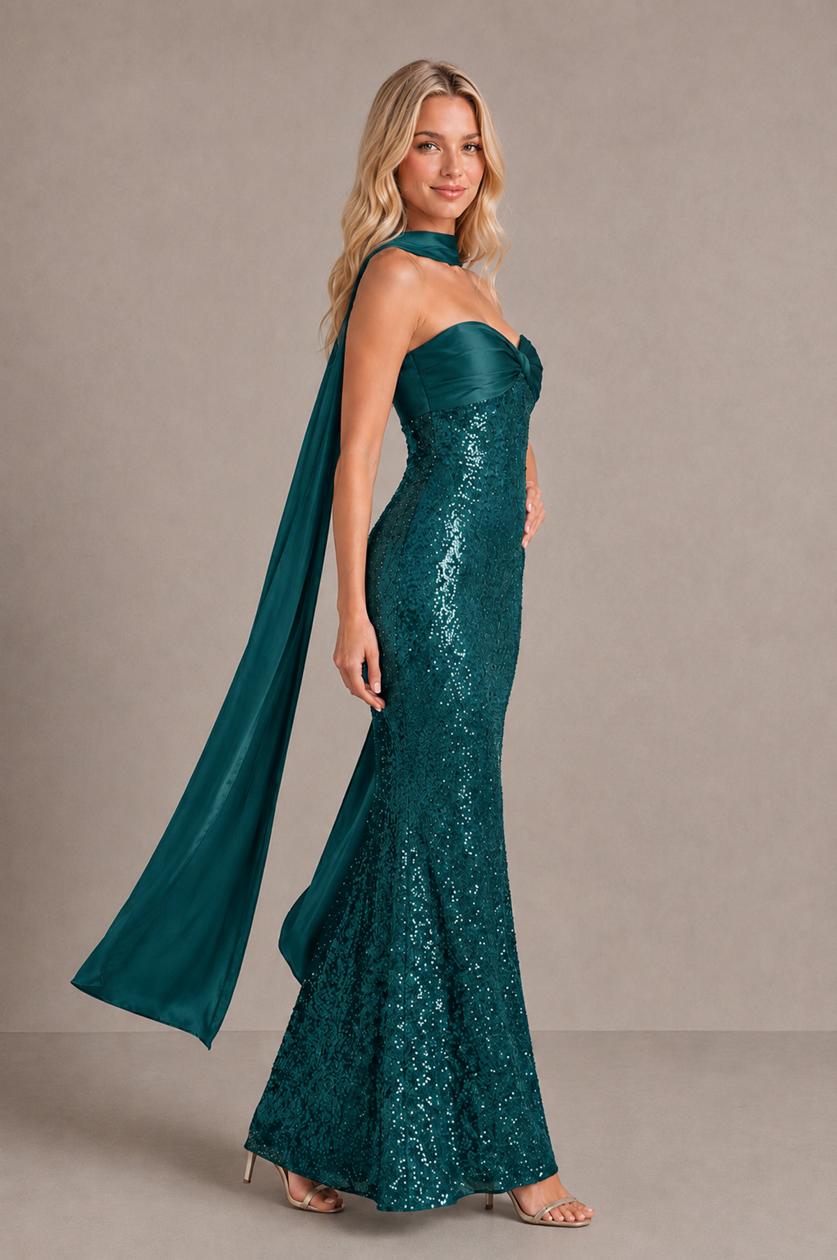 BOLODOO Teal Strapless Sweetheart Evening Dress with Scarf - Teal - Teal_4