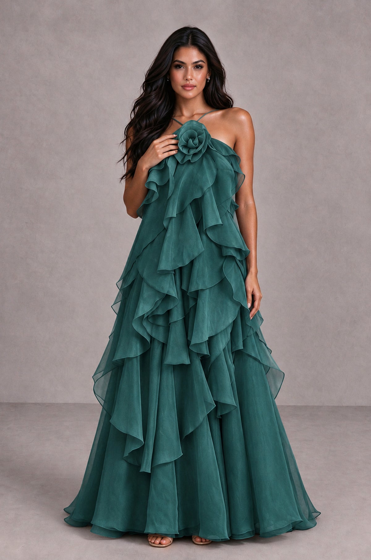 BOLODOO Teal Cascading Ruffle Rosette Open-Back Maxi Dress - Teal - Teal_4