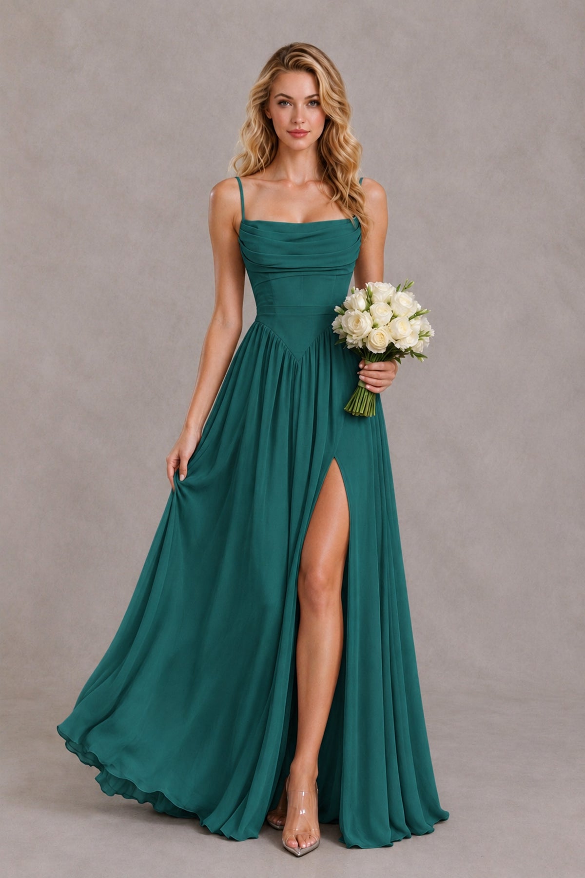 BOLODOO Teal Spaghetti Strap A-Line Bridesmaid Dress with Slit - Teal - Teal_4