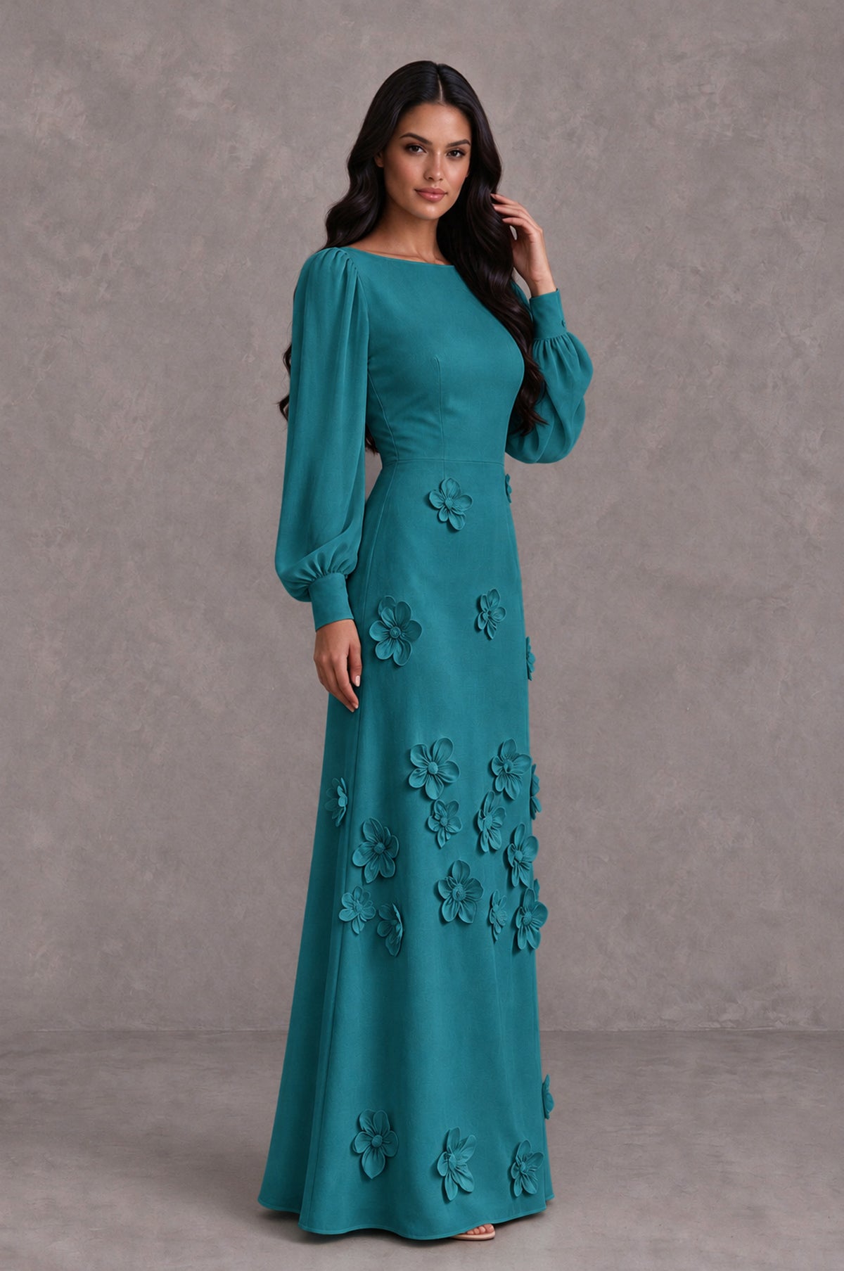 BOLODOO Teal Long Sleeve Floral Applique A-Line Evening Dress - Teal - Teal_4