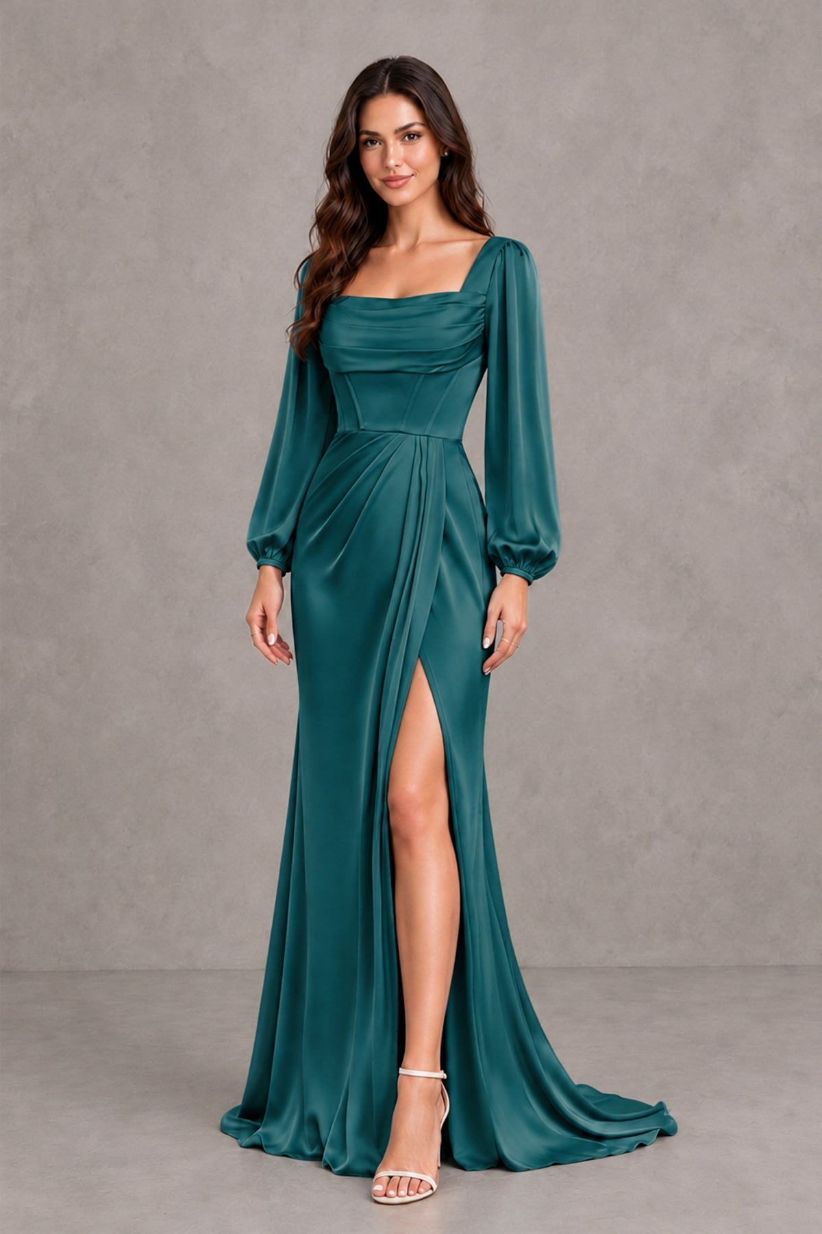 BOLODOO Teal Satin-Look Long Sleeve Evening Dress with High Slit - Teal - Teal_4