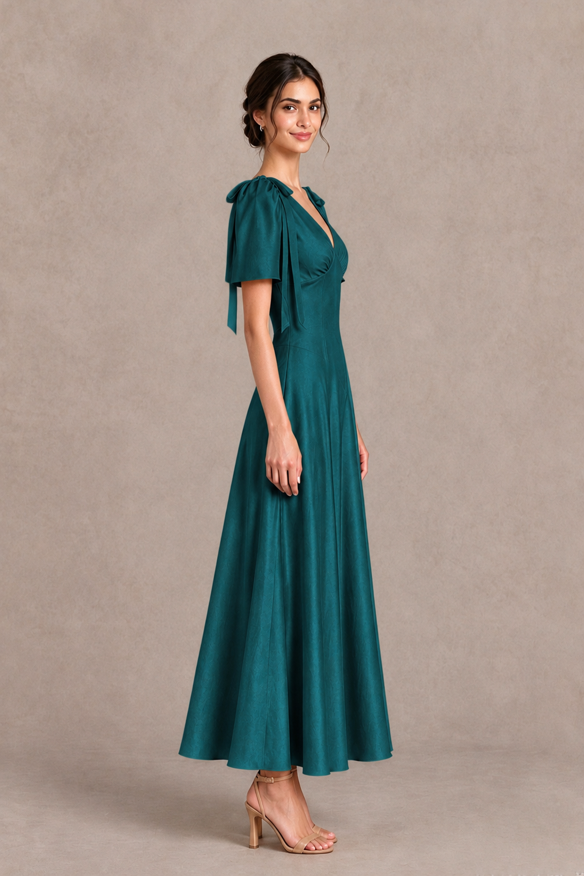 BOLODOO Teal V-Neck Short Sleeve Satin-Look Bridesmaid Dress with Shoulder Bows - Teal - Teal_4