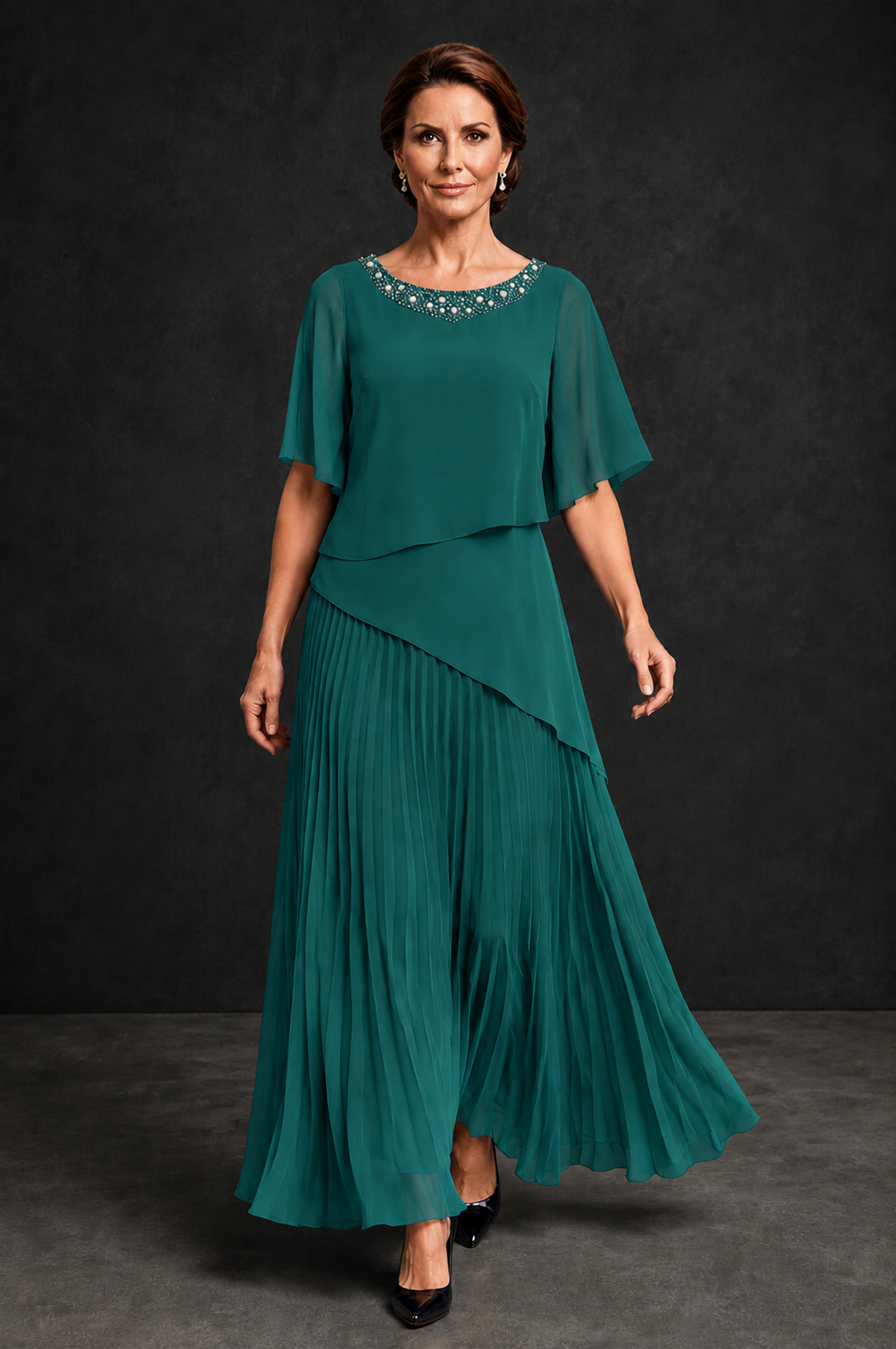 BOLODOO Teal Pearl Beaded Neck Asymmetric Tiered Flutter Sleeve Pleated Chiffon Maxi Dress - Teal - Teal_4