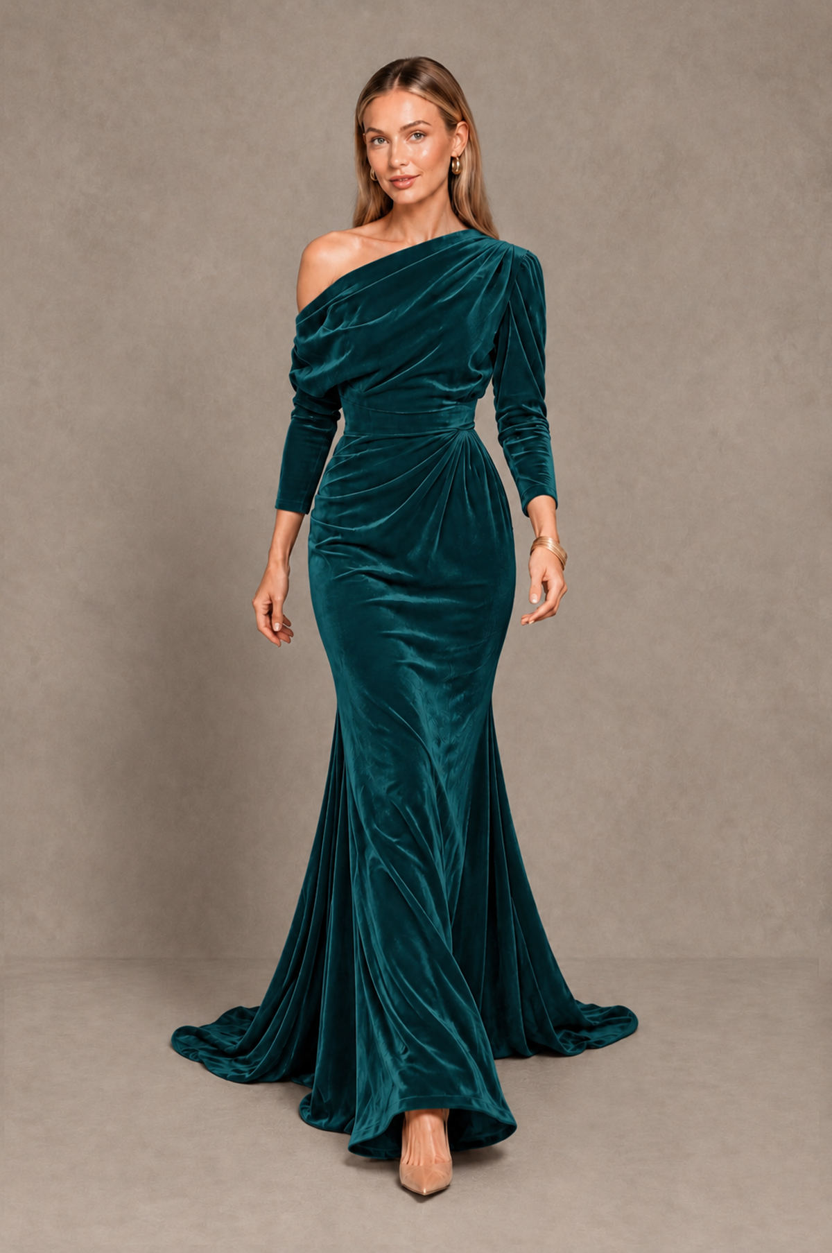 BOLODOO Teal Velvet Asymmetric Neck Mermaid Evening Dress - Teal - Teal_5