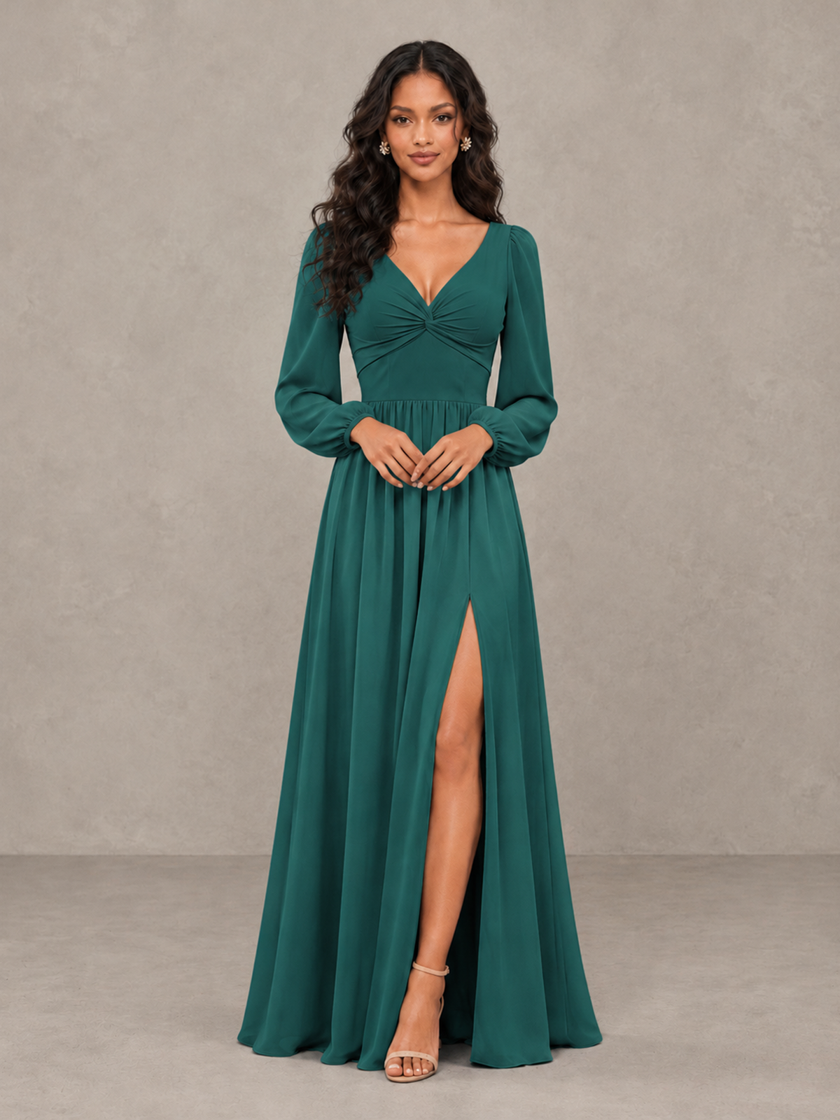 BOLODOO Teal V-Neck Long Sleeve Bridesmaid Dress with Tie Back and Slit - Teal - Teal_5