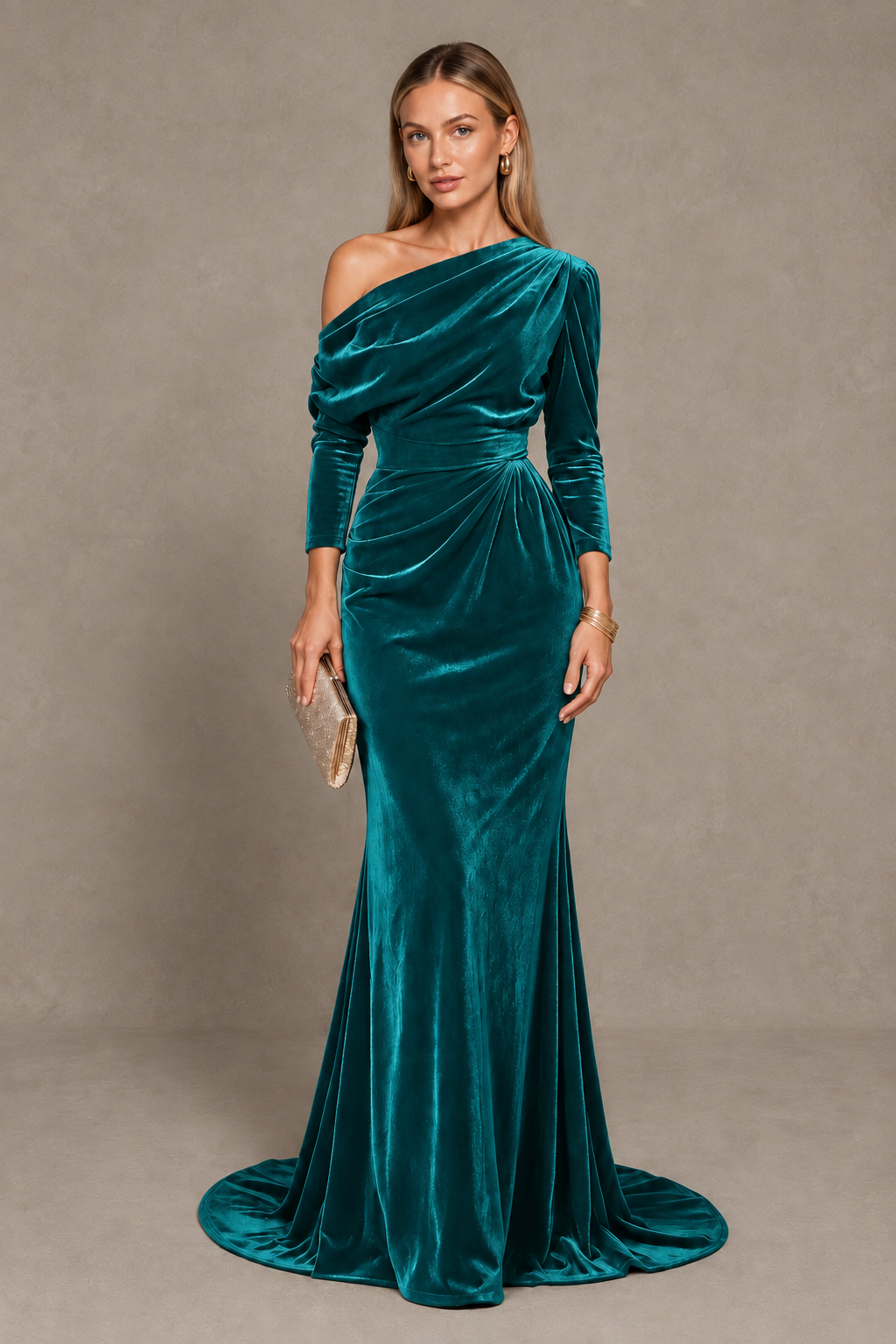 BOLODOO Teal Velvet One-Shoulder Long Sleeve Evening Gown - Teal