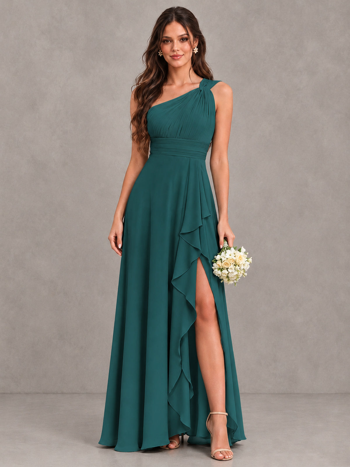BOLODOO Teal One-Shoulder Ruffle Bridesmaid Dress with Slit - Teal - Teal (1)