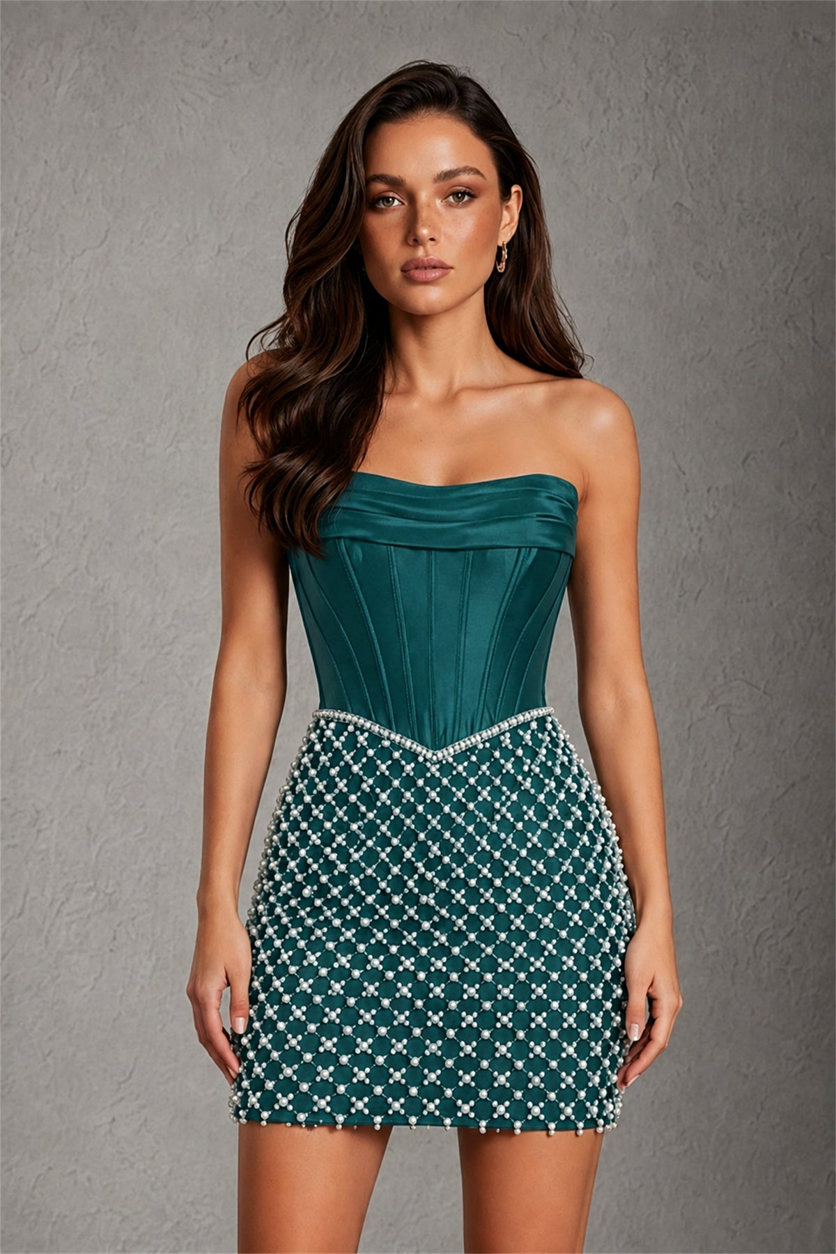 BOLODOO Teal Strapless Boned Corset Mini Dress Teal Geometric Beaded Skirt Lace-Up Back BD0355 - Teal