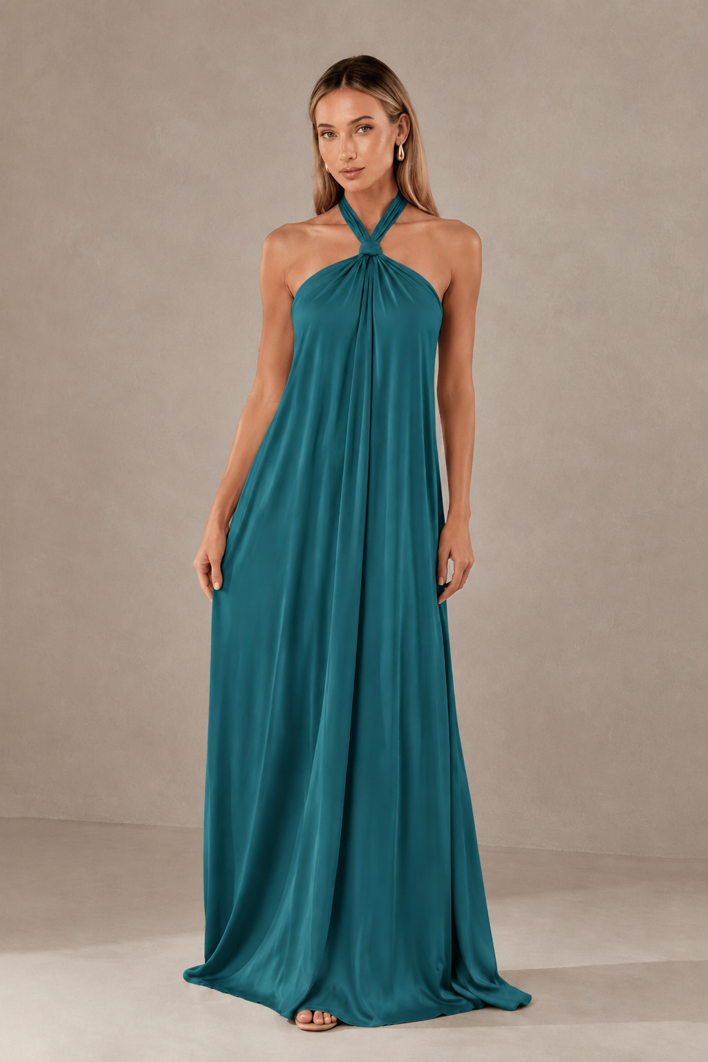 BOLODOO Teal Backless Halter Satin Bridesmaid Dress - Teal