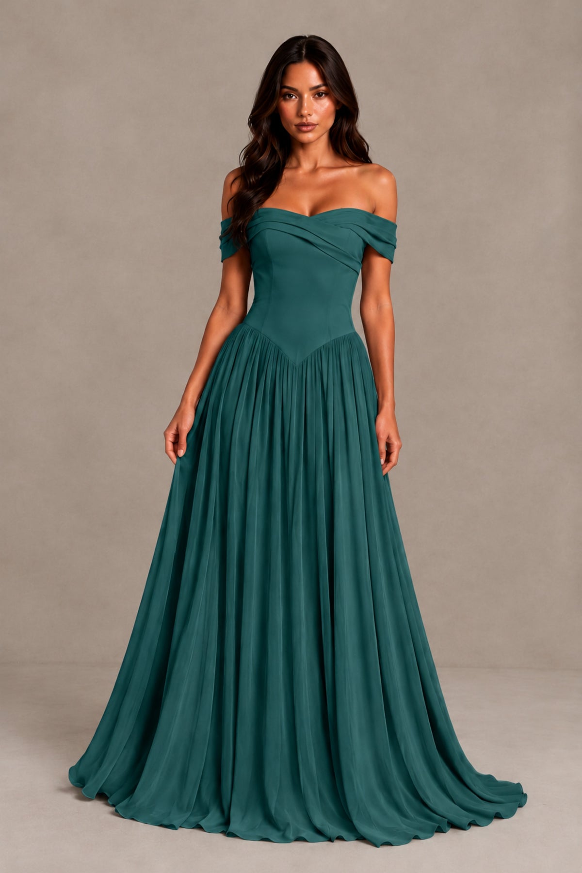 BOLODOO Teal Off-Shoulder Sweetheart Corset Pleated Chiffon Maxi Dress - Teal - Teal (1)
