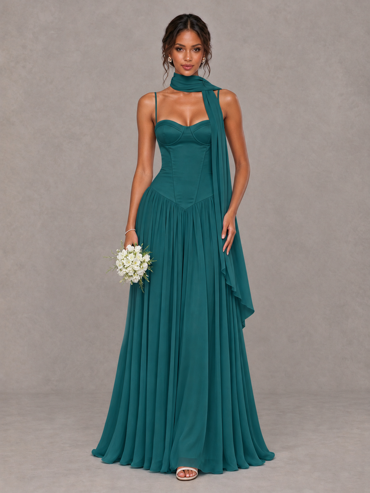 BOLODOO Teal Corset Bridesmaid Dress with Scarf - Teal - Teal (1)