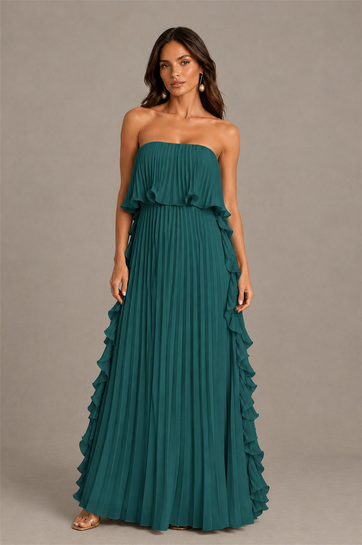 BOLODOO Teal Strapless Ruffle Bodice Dual Cascading Ruffle Accordion Pleated Chiffon Maxi Dress - Teal