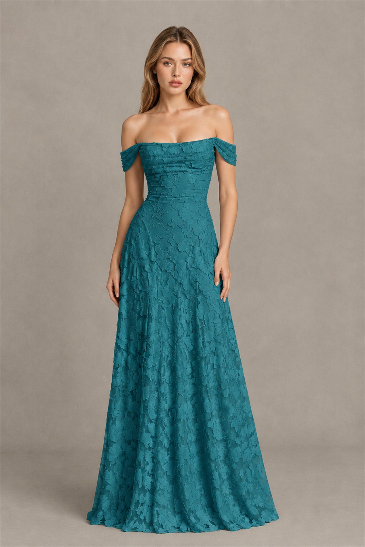 BOLODOO Teal Off-Shoulder Pleated A-Line Maxi Dress Floral - Teal