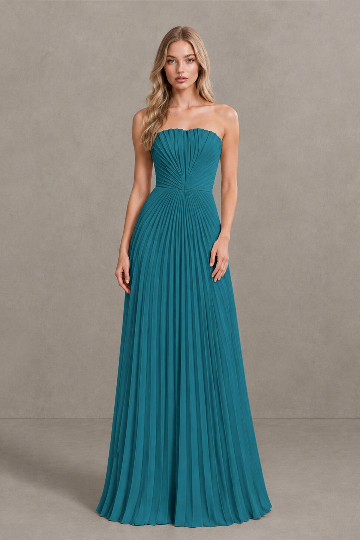 BOLODOO Teal Strapless Sunburst Pleated Twisted Knot Lace-Up Back Accordion Pleated Chiffon Maxi Dress - Teal