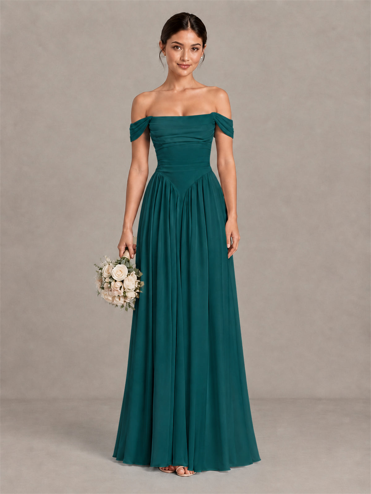 BOLODOO Teal Off-Shoulder Chiffon A-Line Bridesmaid Dress - Teal