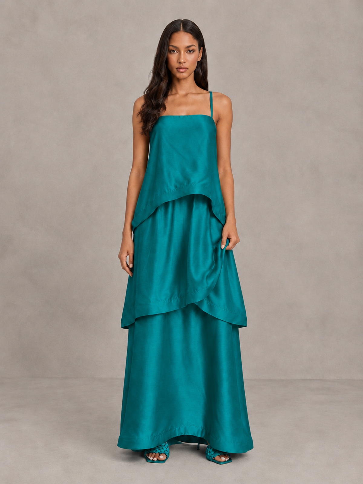 BOLODOO Teal Satin Tiered Maxi Dress with Spaghetti Straps - Teal