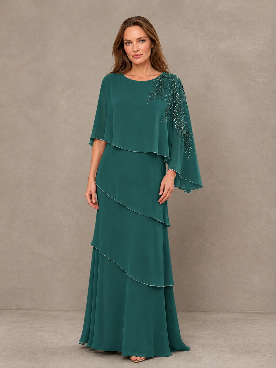 BOLODOO Teal Mocha Asymmetric Cape Sleeve Teal Sequin Embroidered Pearl Trim Tiered Chiffon Gown - Teal