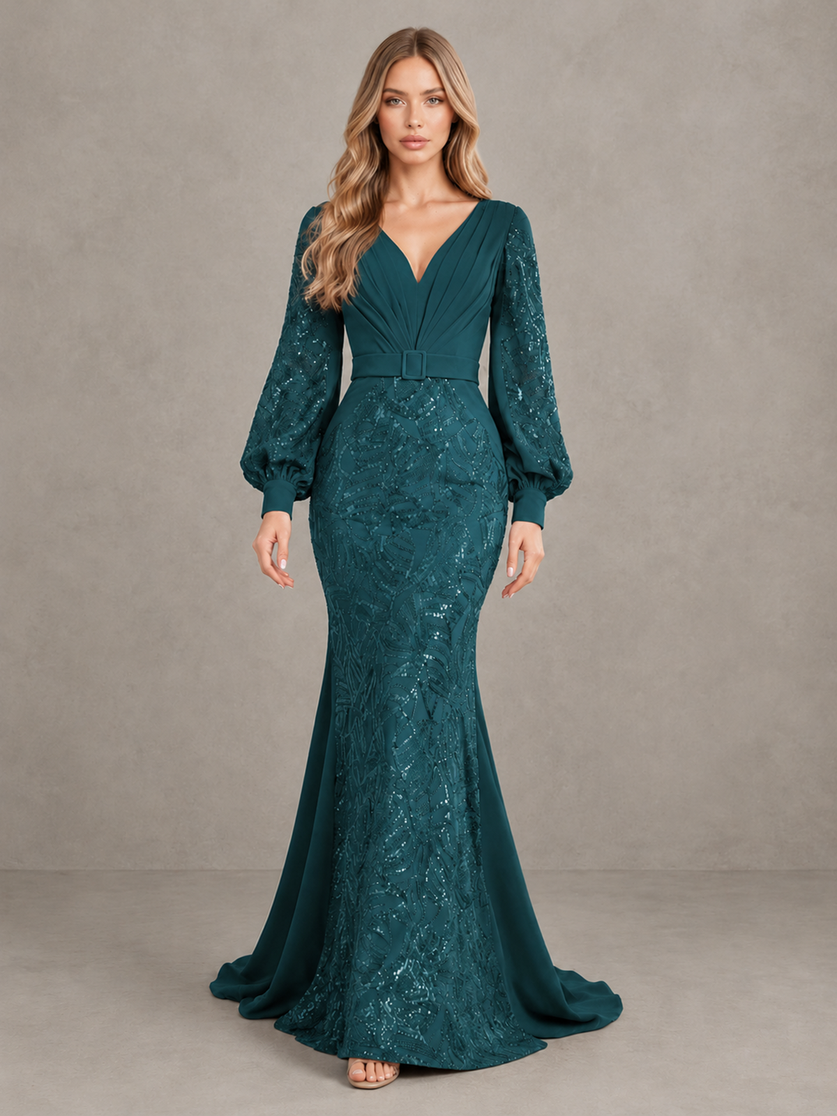 BOLODOO Teal Sequin Long Bishop Sleeve Mermaid Evening Dress - Teal - Teal (1)