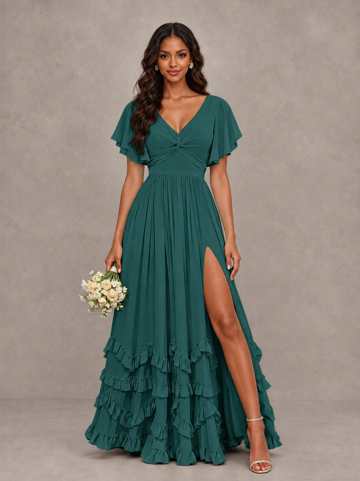 BOLODOO Teal V-Neck Flutter Sleeve Ruffle Bridesmaid Dress with Slit - Teal - Teal (1)