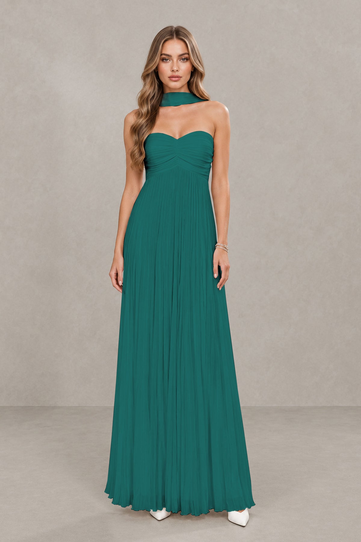BOLODOO Teal Strapless Chiffon-Look Maxi Dress with Lace-Up Back & Cape - Teal