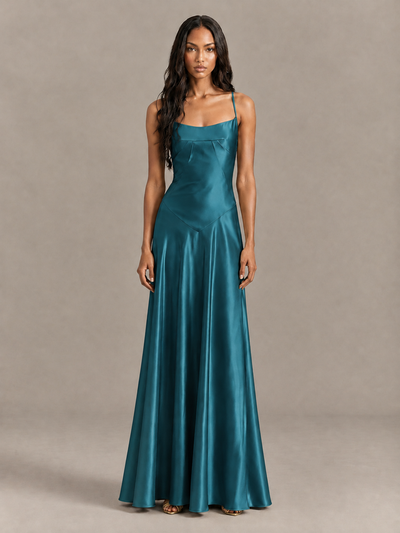BOLODOO Teal Satin Lace-Up Back Maxi Dress - Teal