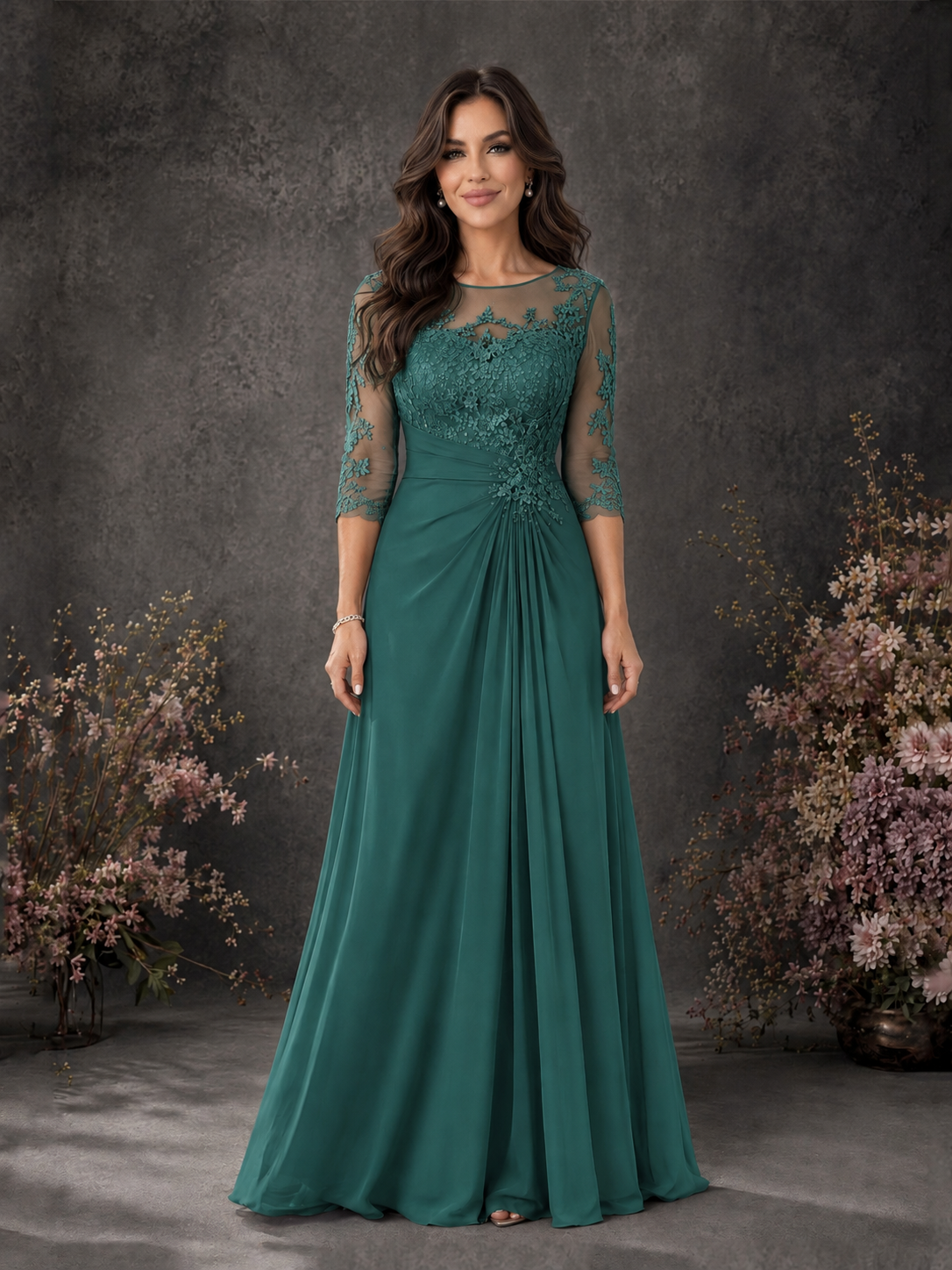 BOLODOO Teal Chiffon Lace Illusion Neckline 3/4 Sleeve Floor Length Formal Gown - Teal