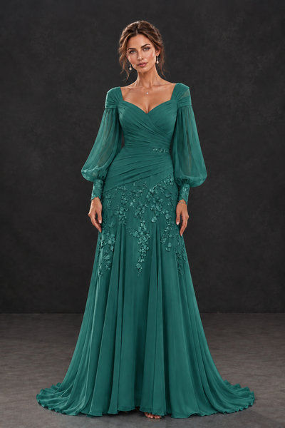 BOLODOO Teal Long Sleeve Mother of the Bride Dress with Floral Appliqués - Teal - Teal (1)