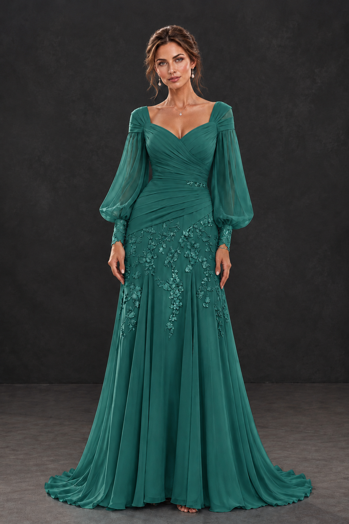 BOLODOO Teal Long Sleeve Mother of the Bride Dress with Floral Appliqués - Teal - Teal (1)