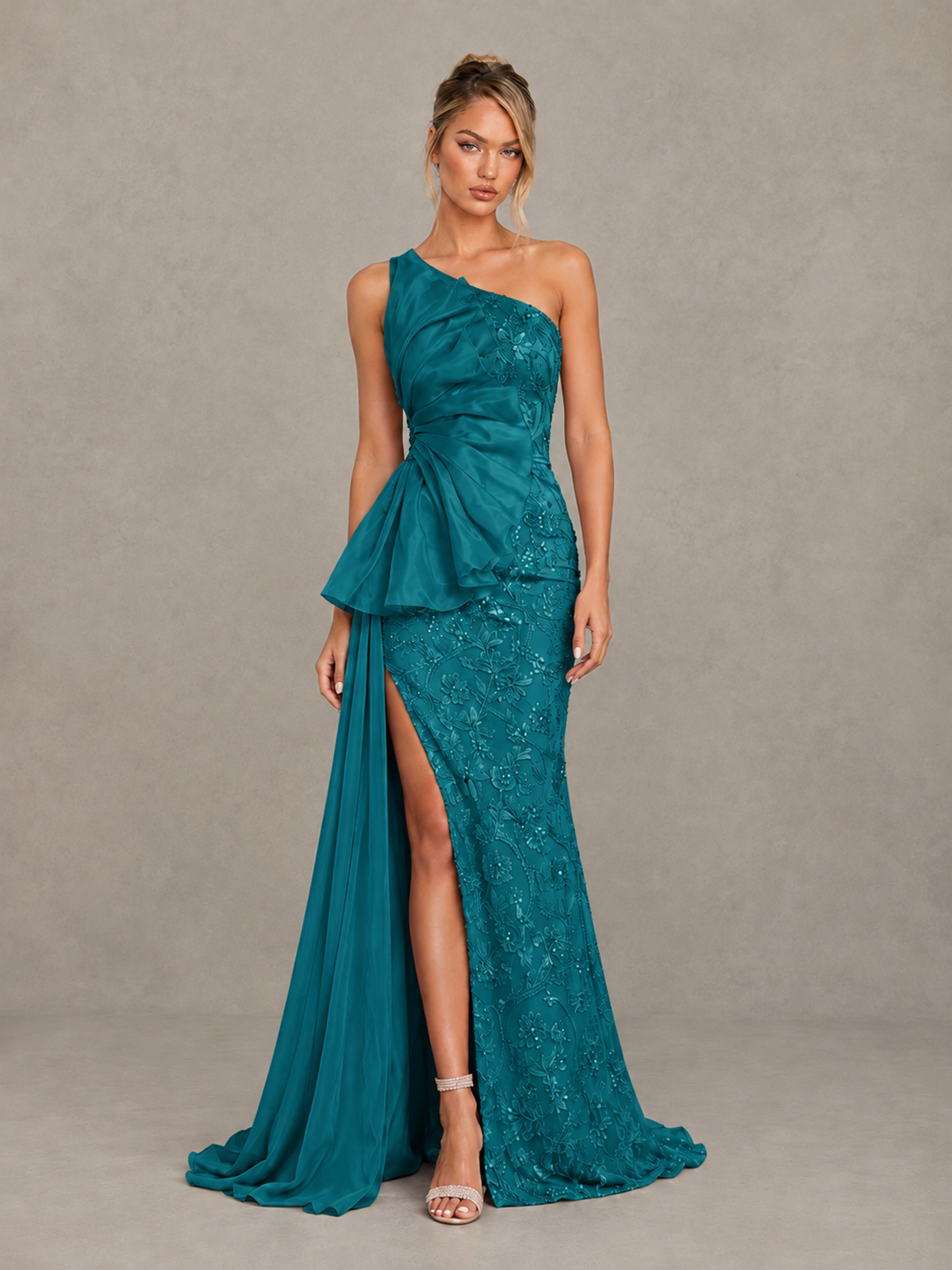 BOLODOO Teal One-Shoulder Floral Lace Evening Gown with High Slit - Teal - Teal (1)