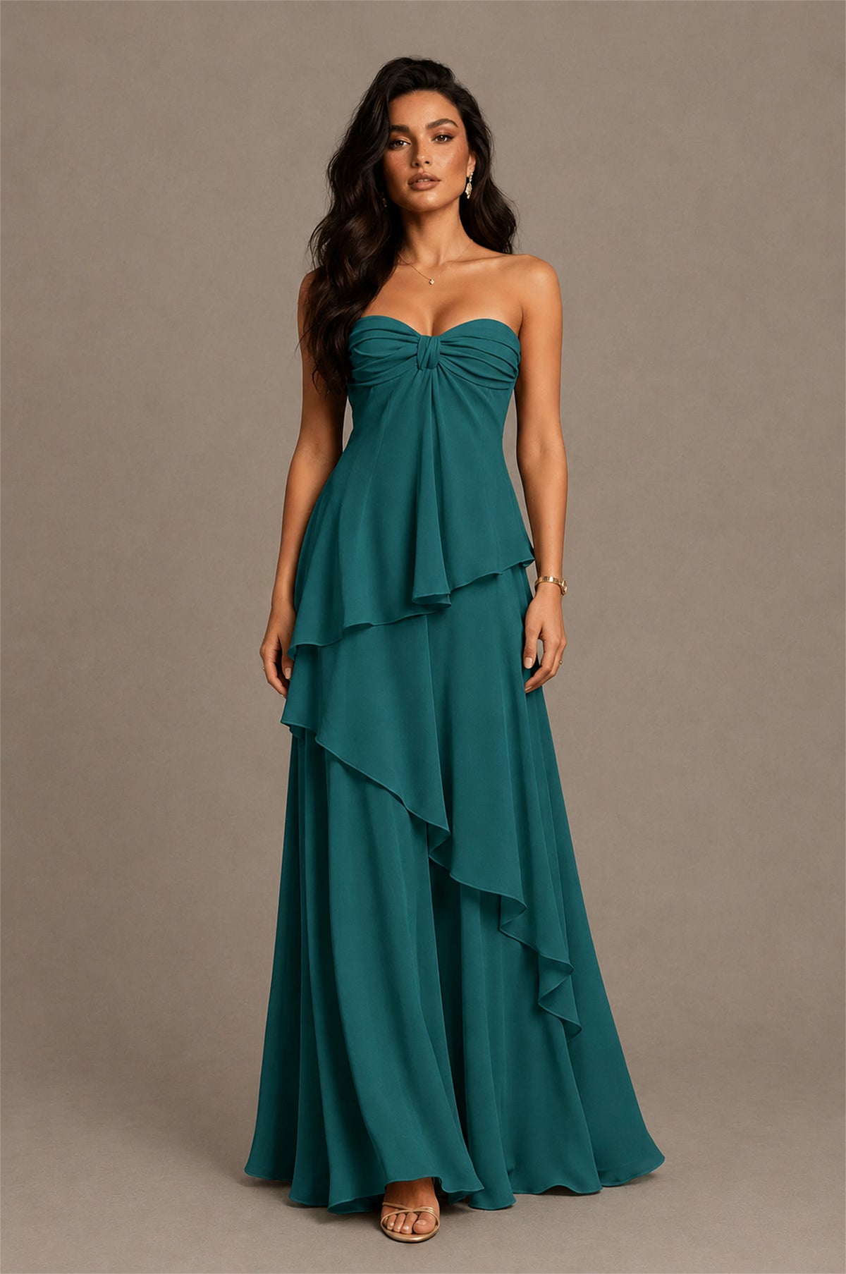 BOLODOO Teal Strapless Sweetheart Knotted Chiffon Tiered Maxi Dress with Lace-Up Back - Teal