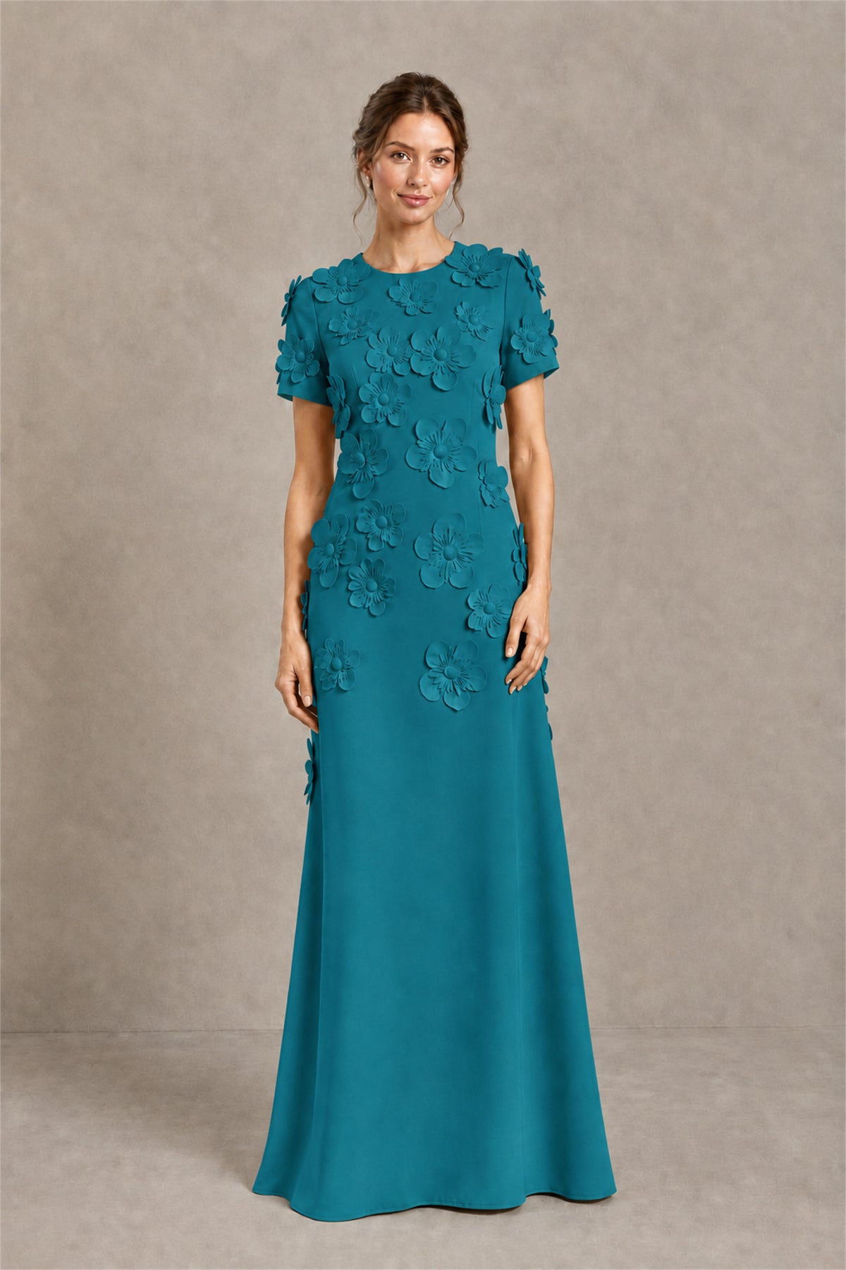 BOLODOO Teal Textured Floral Maxi Dress with Short Sleeves - Teal