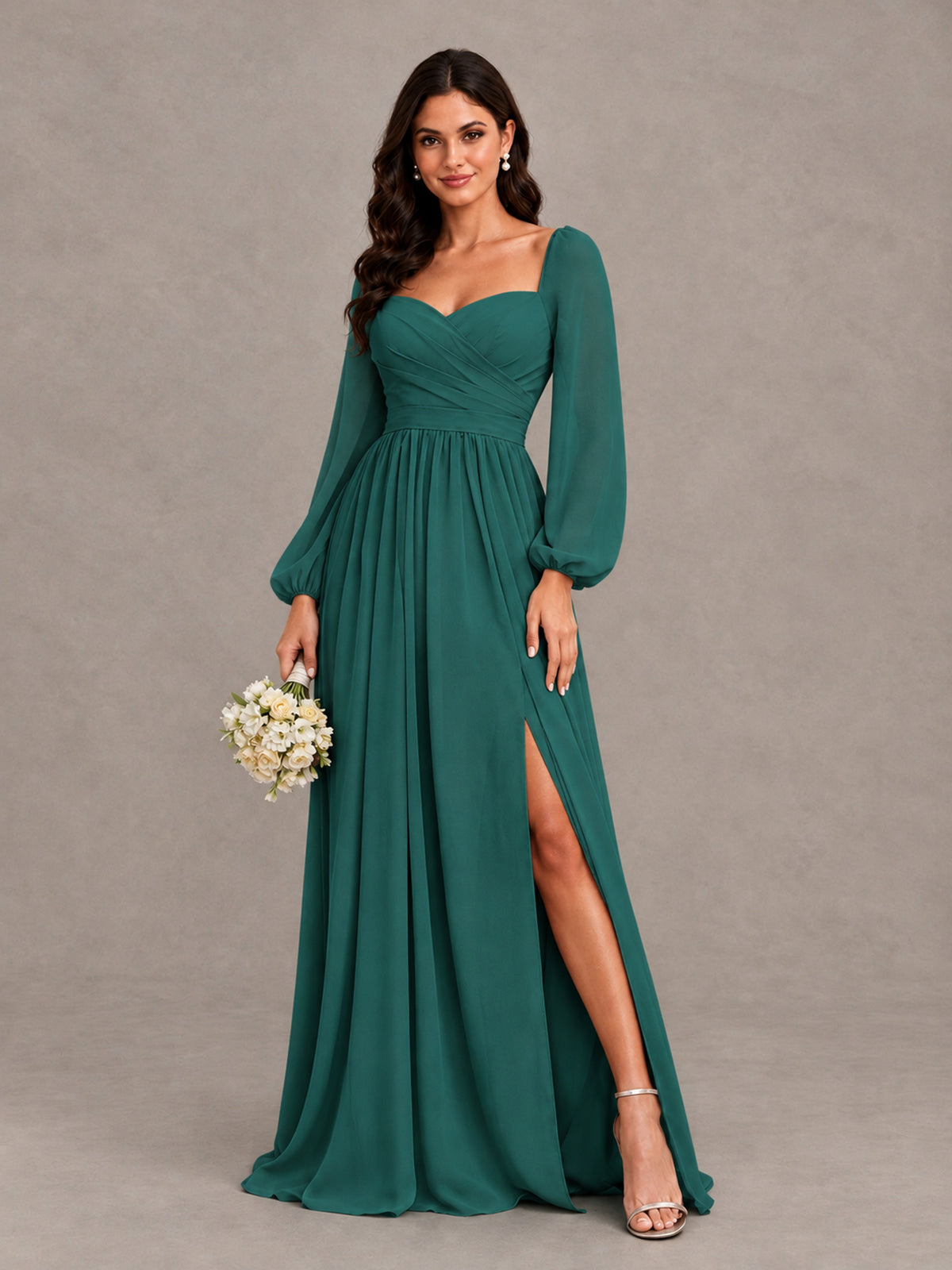 BOLODOO Teal Long Sleeve Chiffon Bridesmaid Dress with Slit - Teal - Teal (1)