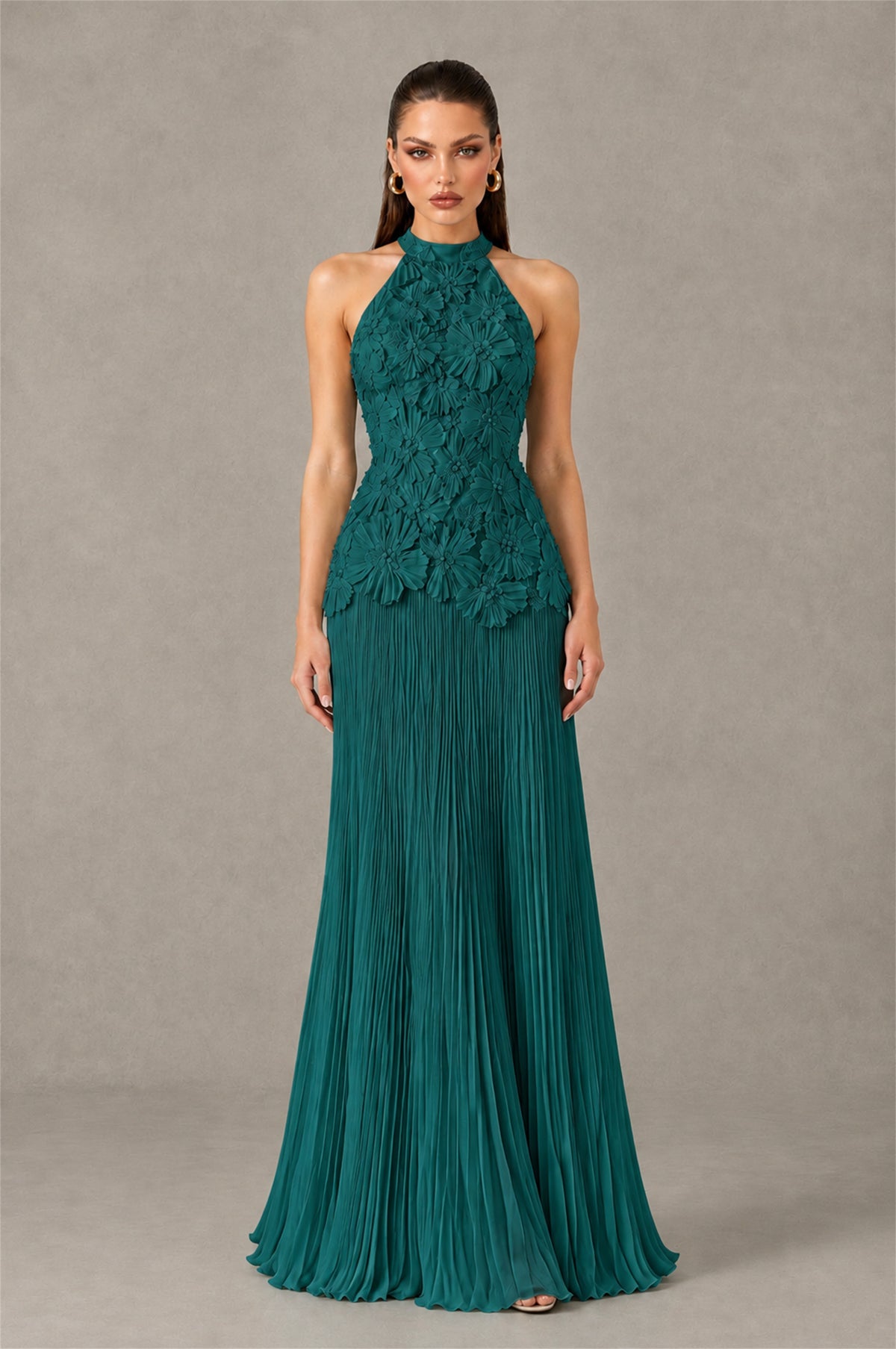 BOLODOO Teal 3D Floral Applique Halter Neck Open Back Pleated Maxi Dress - Teal