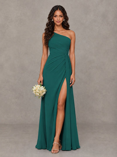 BOLODOO Teal One-Shoulder Chiffon Bridesmaid Dress with Ruched Bodice & High Slit - Teal - Teal (1)