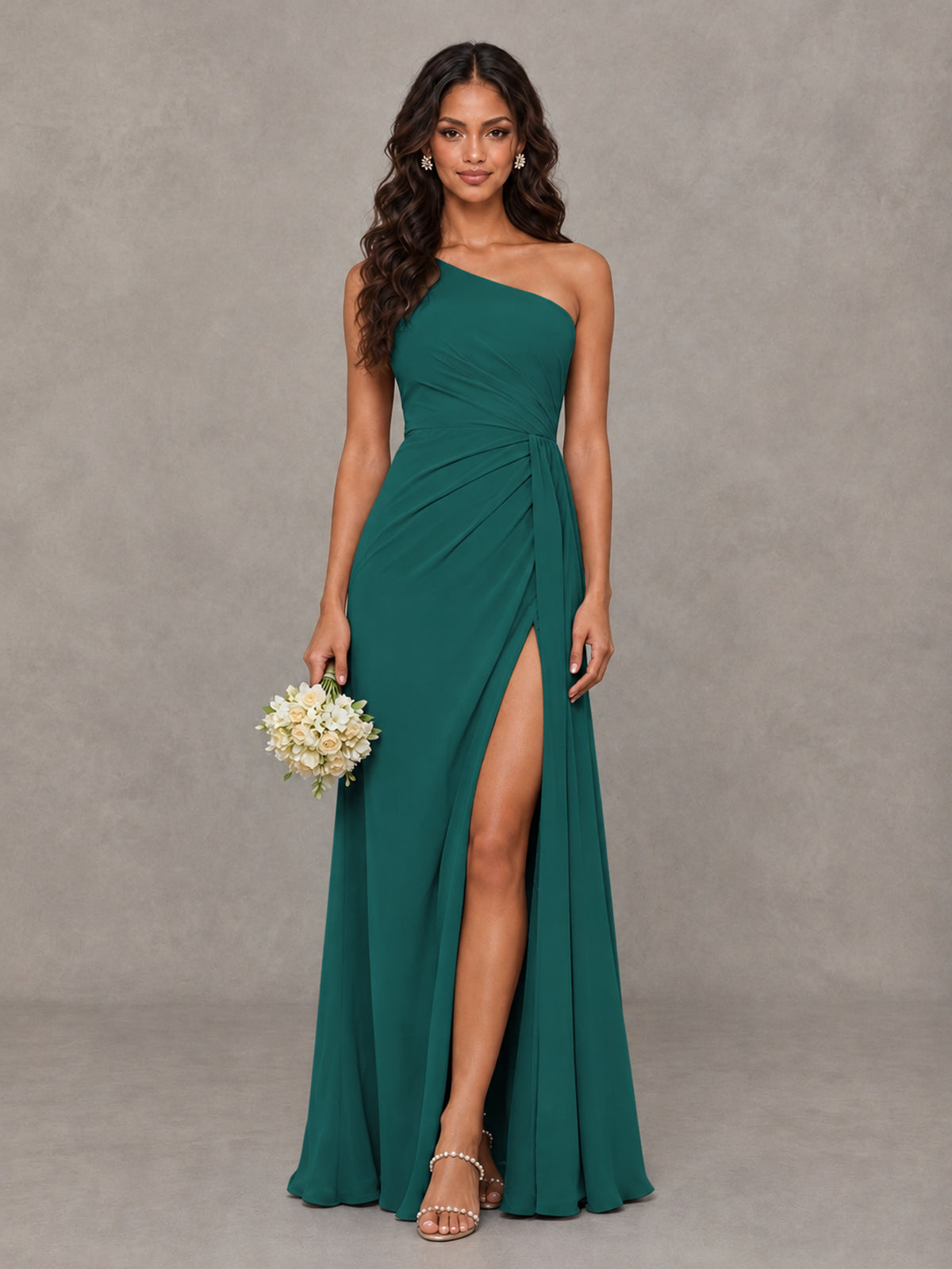 BOLODOO Teal One-Shoulder Chiffon Bridesmaid Dress with Ruched Bodice & High Slit - Teal - Teal (1)