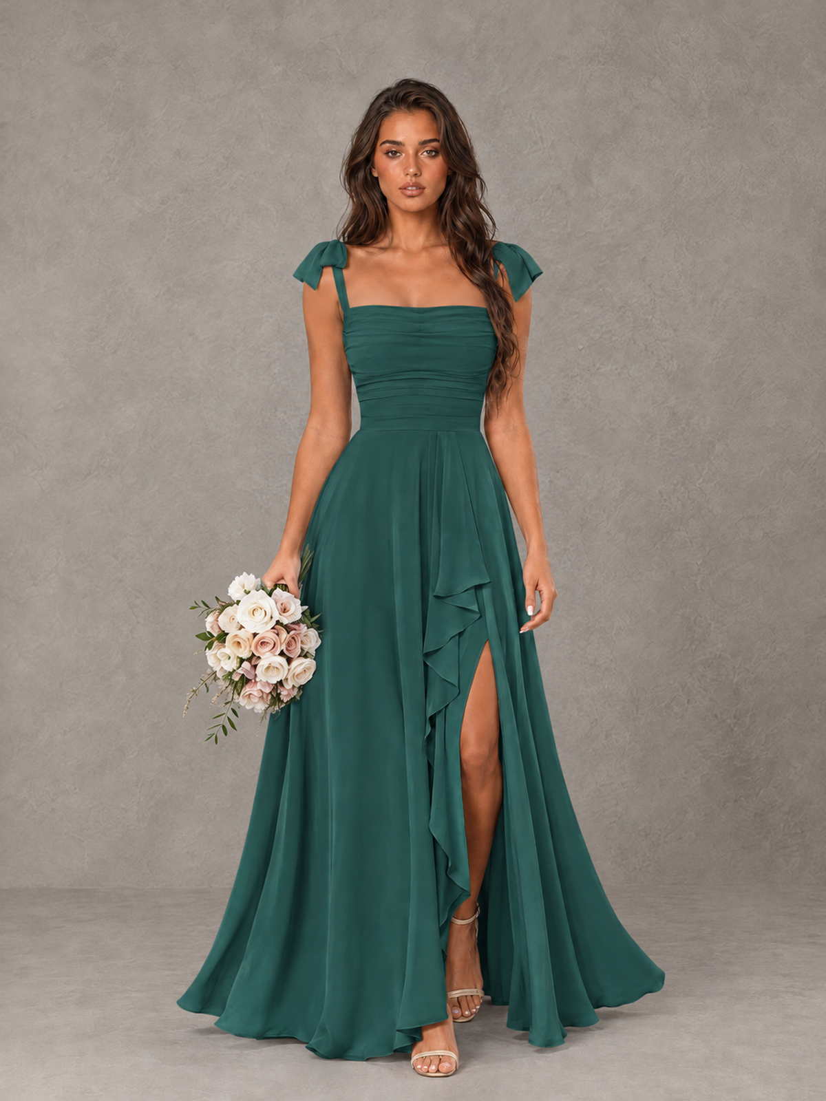 BOLODOO Teal Bow-Strap Bridesmaid Dress with Ruffle Slit - Teal - Teal (1)