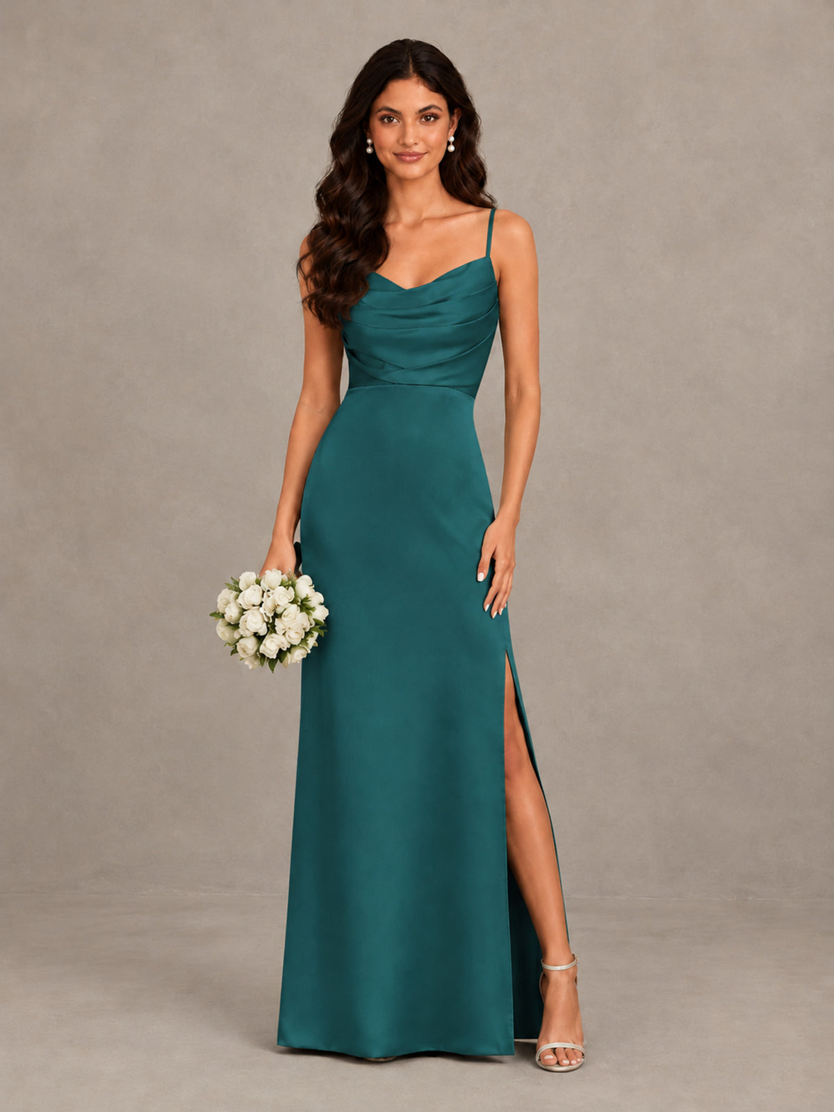 BOLODOO Teal Cowl Neck Satin Bridesmaid Dress with Slit - Teal - Teal (1)