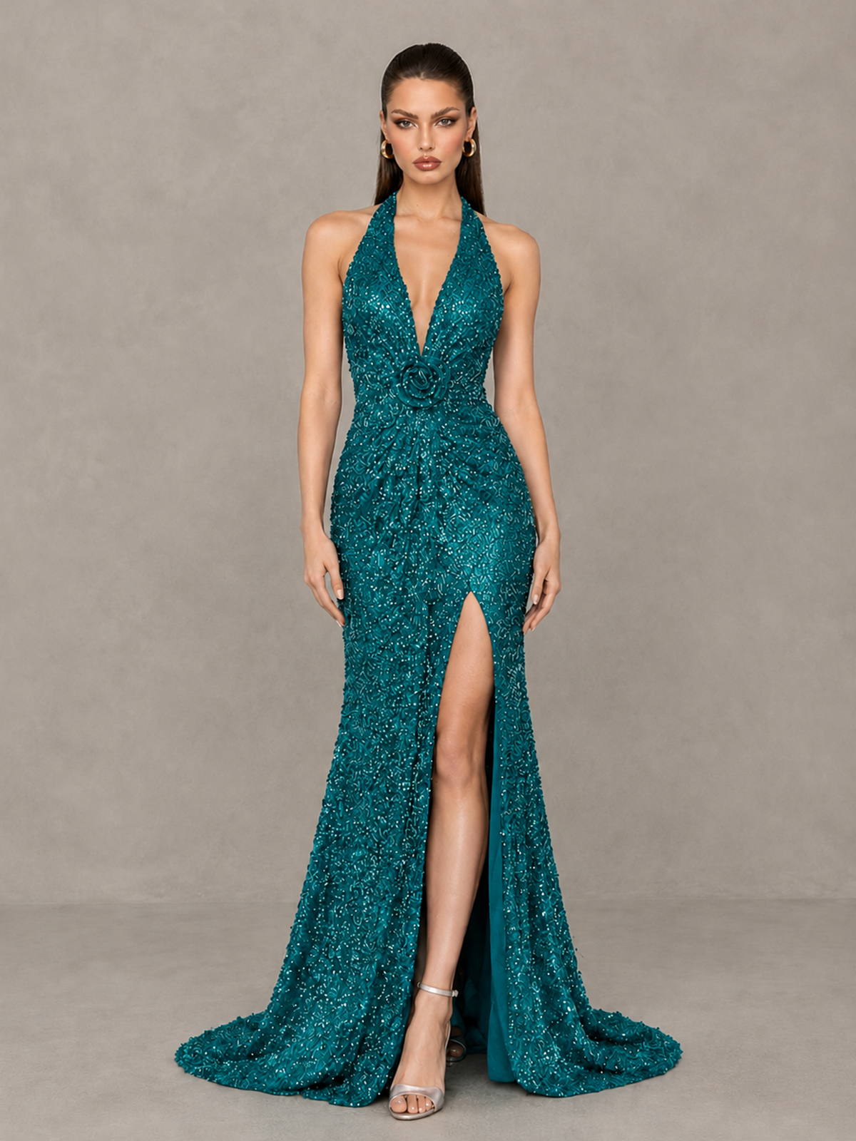 BOLODOO Teal Sequin Halter Open Back Evening Gown with High Slit - Teal - Teal (1)