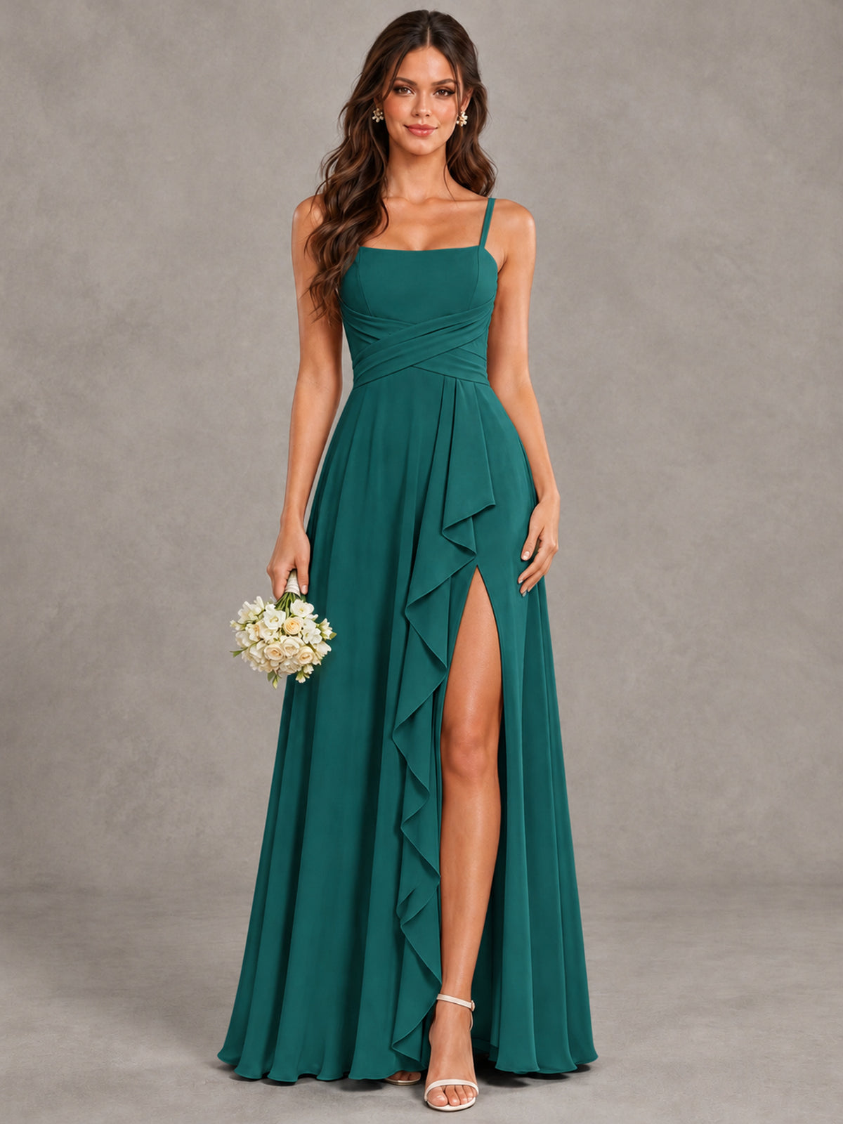 BOLODOO Teal Spaghetti Strap Ruffle Bridesmaid Dress with Slit - Teal - Teal (1)