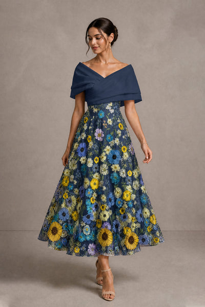 Teal Off-Shoulder Satin & 3D Floral Embroidered Tulle Tea Length A-Line Dress - Teal