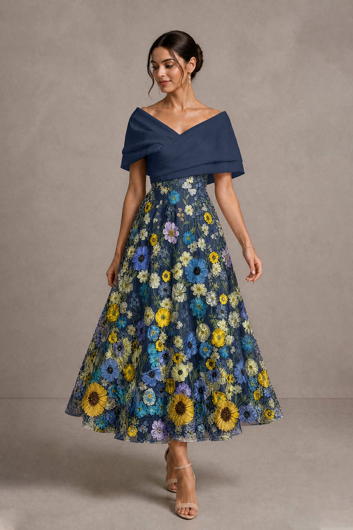 Teal Off-Shoulder Satin & 3D Floral Embroidered Tulle Tea Length A-Line Dress - Teal