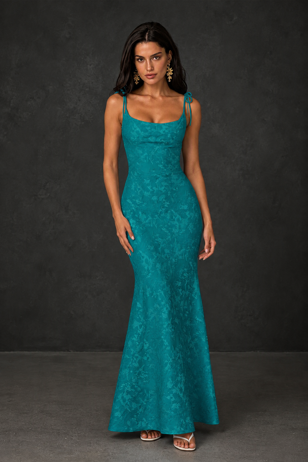 BOLODOO Teal Scoop Neck Tie Strap Lace-Up Back Floral Jacquard Mermaid Maxi Dress - Teal