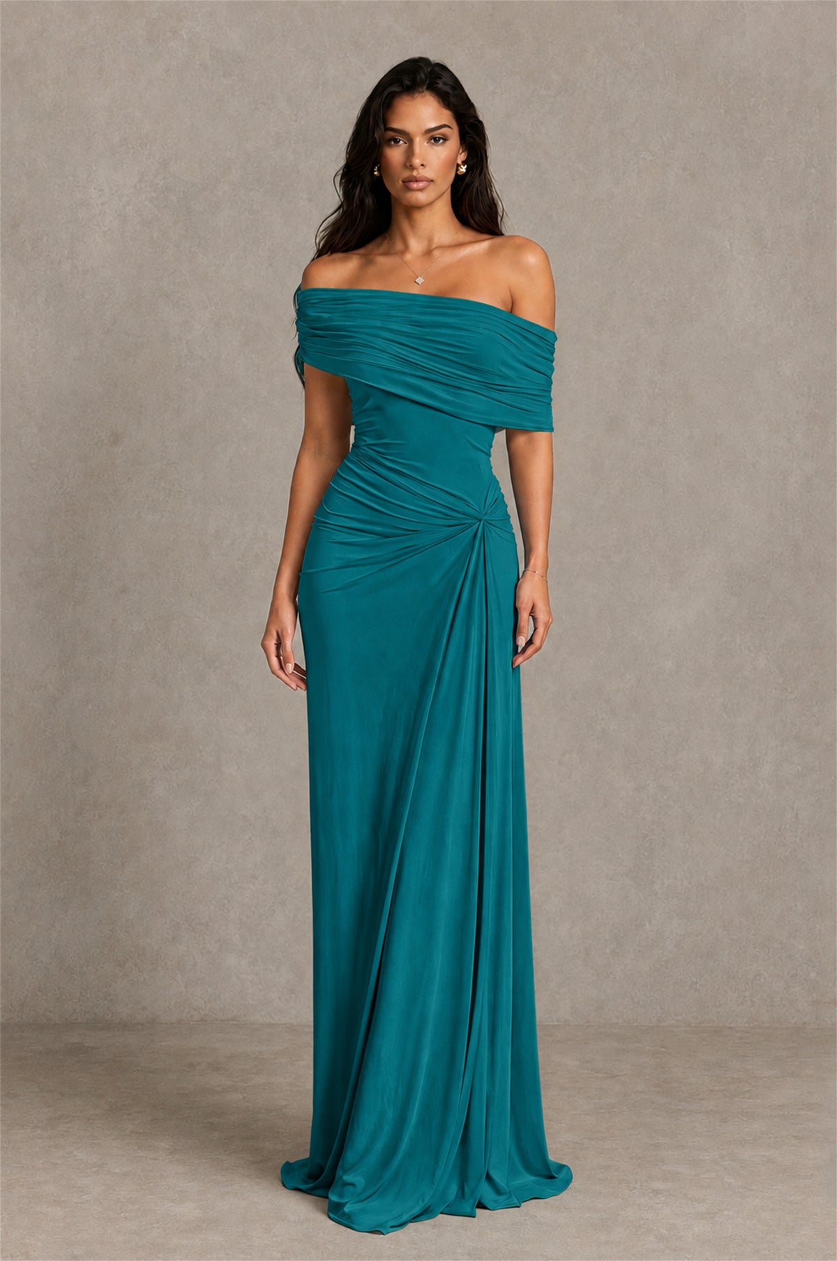 BOLODOO Teal Off-Shoulder Ruched Maxi Dress - Teal