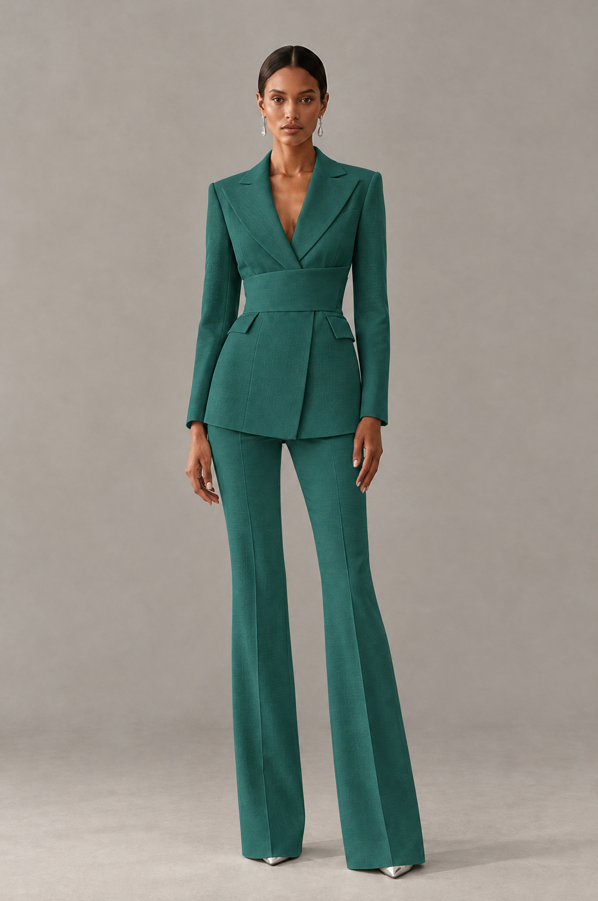 BOLODOO Teal Two-Piece Pantsuit with Tailored Blazer & Flared Pants - Teal - Teal (1)