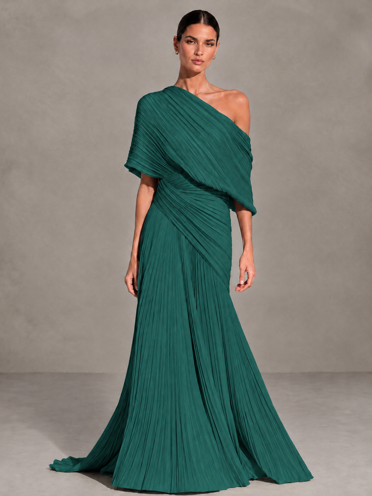 BOLODOO Teal One-Shoulder Pleated Cape Evening Gown with Train - Teal - Teal (1)