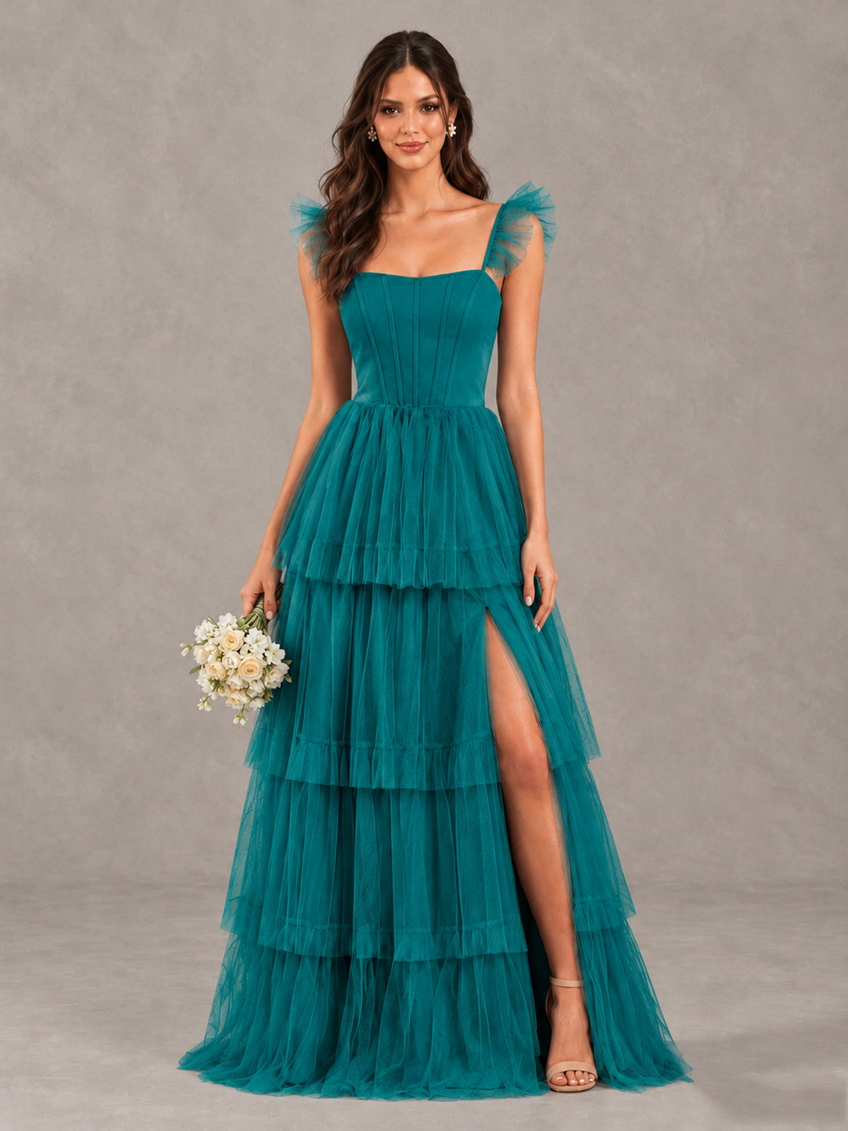 BOLODOO Teal Tiered Tulle Bridesmaid Dress with Slit - Teal - Teal (1)