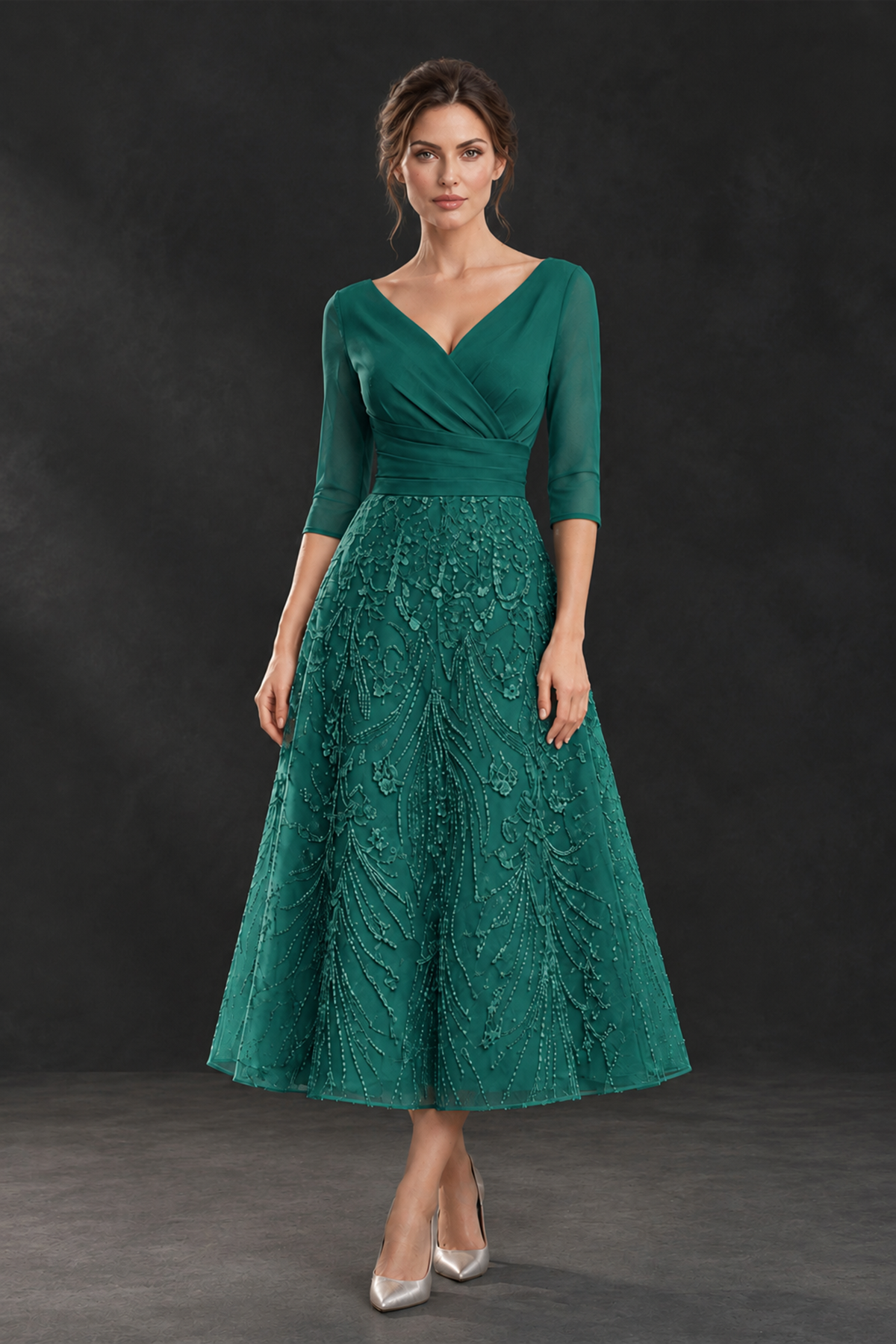 BOLODOO Teal V-Neck Tea-Length Lace Mother of the Bride Dress - Teal
