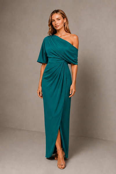 BOLODOO Teal One-Shoulder Draped Satin Maxi Dress with Front Slit - Teal