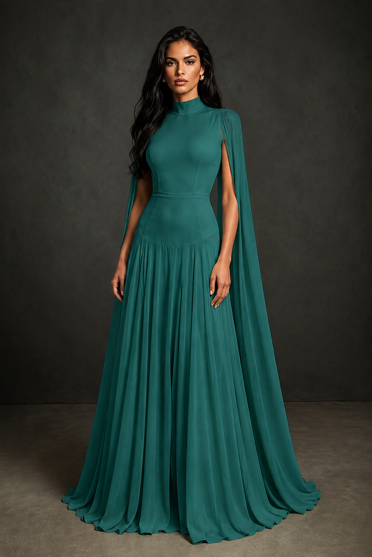 BOLODOO Teal Mock Neck Cape Sleeve A-Line Chiffon Maxi Dress - Teal